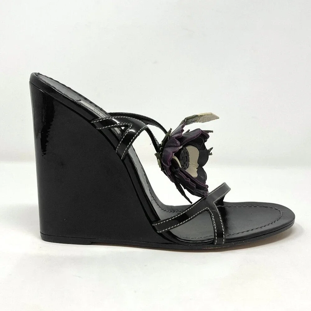 Prada Black Patent Leather Floral Wedge Sandals Strappy Heels Made‎ in Italy 37